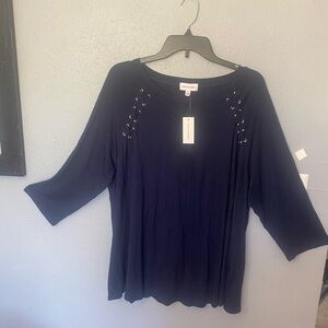 Maggie Barnes Navy Lace-Up Shoulder 3/4 Sleeve Tunic